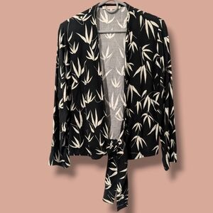 La Fée Maraboutée Black White Floral Leaves Long Sleeve Tie Open Front Cardigan